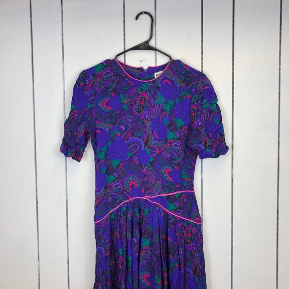 Vintage 1980s Purple Paisley Dress Sz 4 - Picture 7 of 16